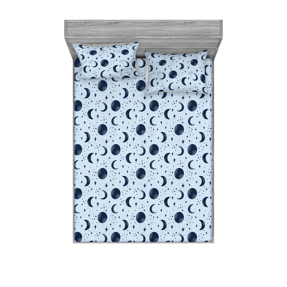 Moon Fitted Sheet & Pillow Sham Set, Grunge Night Time Stars with Full and Crescent Shape Lunar Phases Pattern, Decorative Printed 3 Piece Bedding Decor, King, Soft Blue Night Blue, by Ambesonne