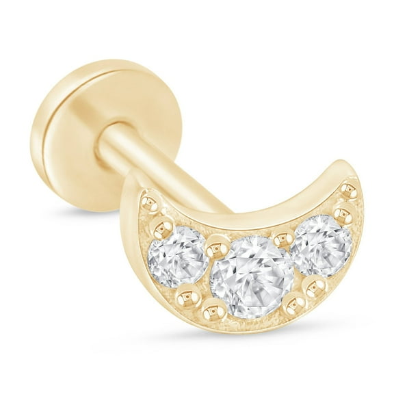Moon Flat Back Earring for Women 14K Solid Gold Simulated Diamond Cartilage Earring Threaded Conch Tragus Helix Piercing Jewelry Small Single Stud Earring for Upper Ear