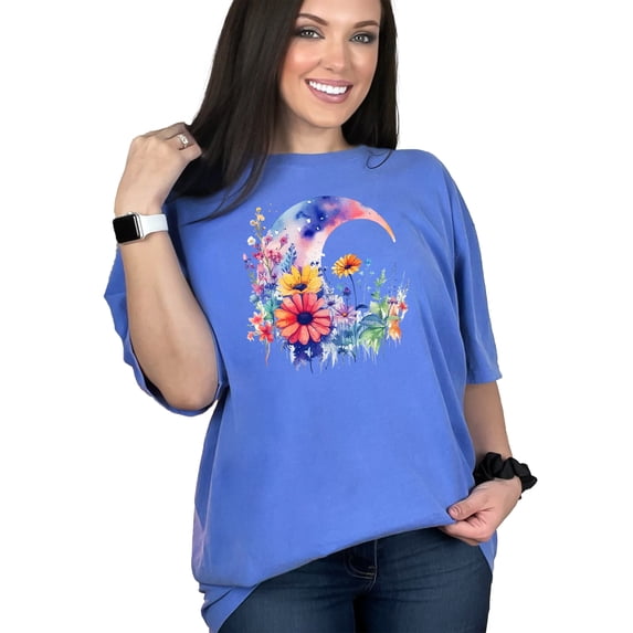 Moon and Floral Art T-Shirt, Modern Watercolor Design Tee, Unique Artistic Graphic Shirt, Nature Inspired Clothing, Stylish Casual Wear, Flo Blue Comfort Colors T-Shirt, Medium