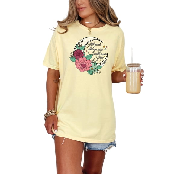 Moon Floral Graphic Tee, Inspirational Quote T-Shirt, All Good Things Are Wild And Free Shirt, Boho Trendy Blouse, Casual Floral Top, Butter Comfort Colors T-Shirt, Medium