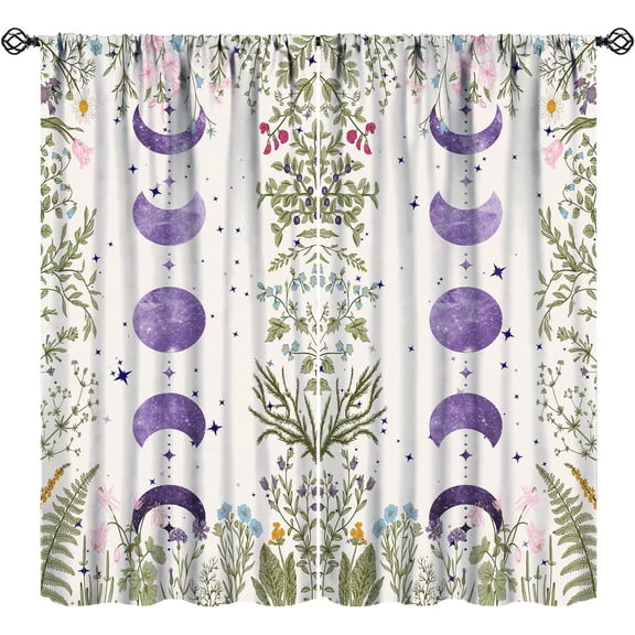Moon Floral Window Curtains for Kitchen,Watercolor Wildflower Moonlit Garden Purple Galaxy Nebula Drapes,Boho Phase Spring Vines Nature Living Room 55x39in, W55xL39in