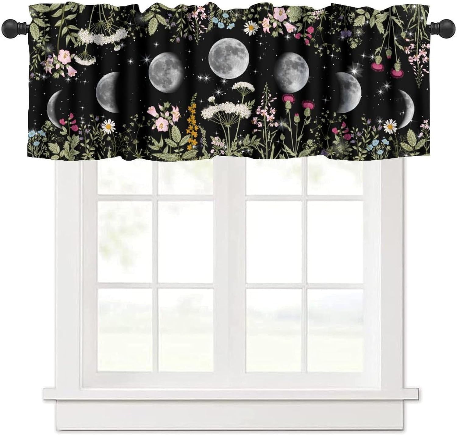 Moon Floral Window Valance, Gothic Witchy Moon Phase Botanical Vintage