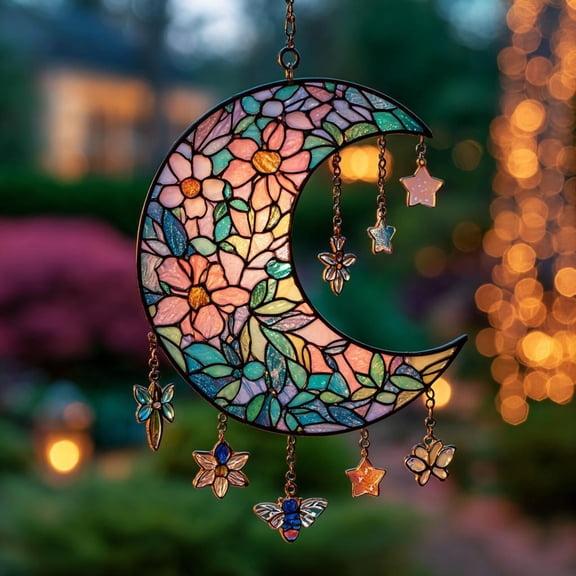 Moon Flower Acrylic Suncatcher - Faux Stained Glass Crescent Moon Window Hanging - Celestial Floral Garden Decor Gift For Her