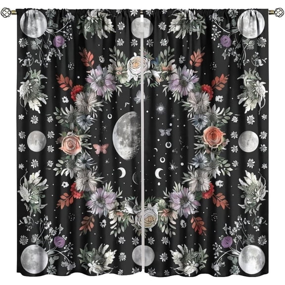 Moon Flower Blackout Curtains, Rustic Farmhouse Plant Moon Floral Bohemian Natural Print Window Drapes, for Bedroom Living Room 84" W X 84" L