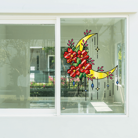 Moon Flower Flowers Roses Vinyl Stained Glass Film Static Cling Window Waterproof Decal for Girls Boys Kids Room Bedroom Nursery House Fun Home Decor Stickers Wall Art Vinyl Decoration (10x8 inch)