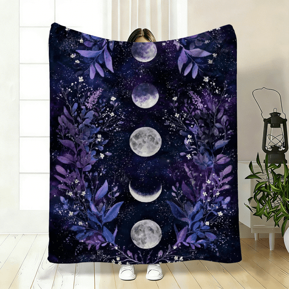 Moon Flower Night Sky-Themed Polyester Flannel Blanket – Soft, Warm Throw for Bed, Sofa, Travel, Camping – 3 Sizes