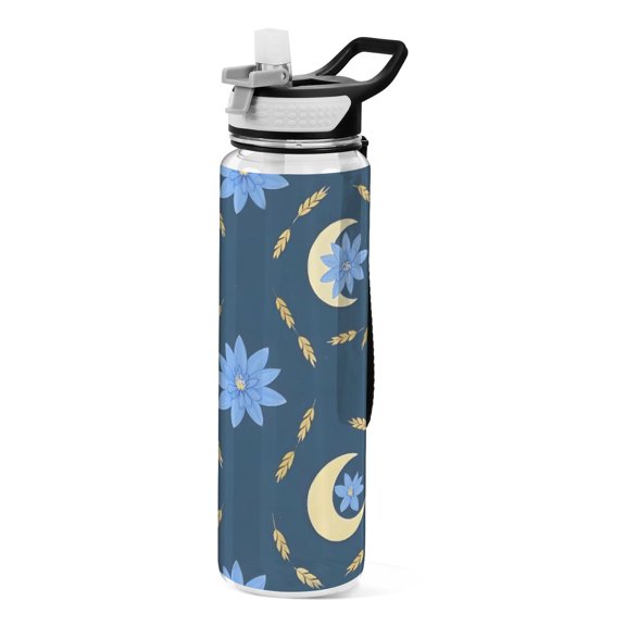 Moon Flower Wheat Pattern Sport Water Bottle Tritan with Straw 1000ml Portable for Outdoor Daily Use
