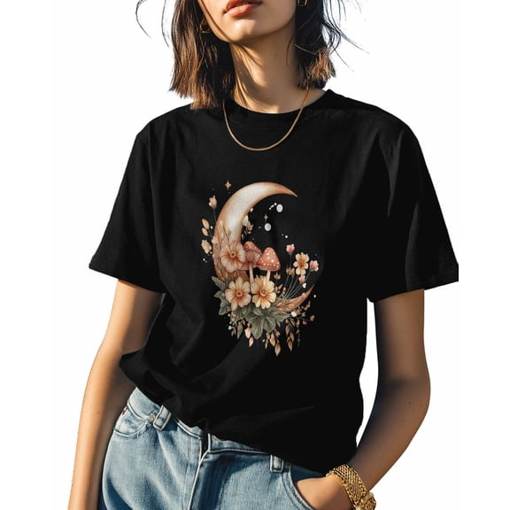Moon Flower Womens Tshirt Graphic Tees Cotton Crew Neck T-Shirts, Casual Short Sleeve Shirts for Women Teen Girl Mushroom Leaf