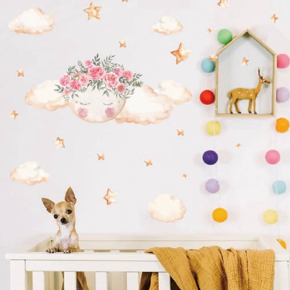 Moon Flowers Clouds Wall Decals Colourful Vinyl Wall Decal Wall Stickers Nursery Wall Art DIY Vinyl Murals Peel and Stick Wall Decoration