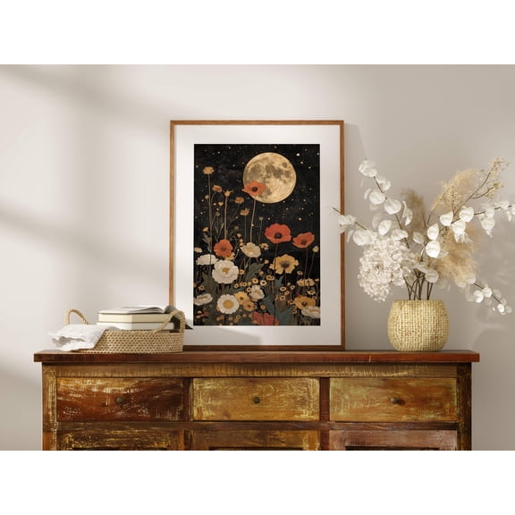 Moon And Flowers Print, Floral Moon Wall Art, Vintage Moon Print, Wildflowers Moon, Cottagecore Print, Vintage Nature Print, Whimsigoth Art Poster Unframed