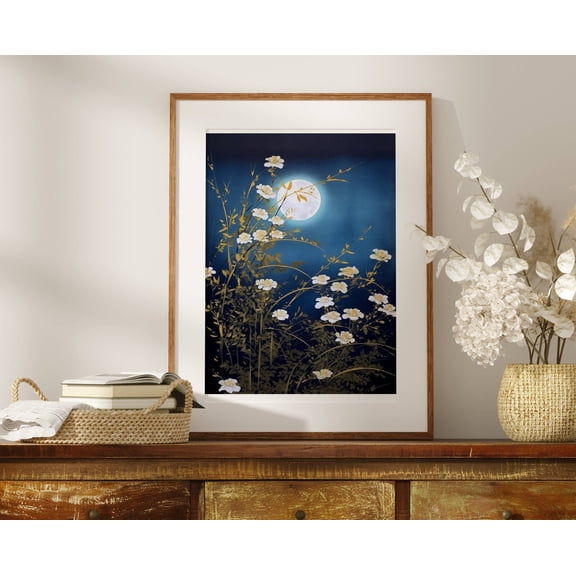 Moon And Flowers Print, Floral Moon Wall Art, Vintage Moon Print, Wildflowers Moon, Cottagecore Print, Vintage Nature Print, Whimsigoth Art Poster Unframed