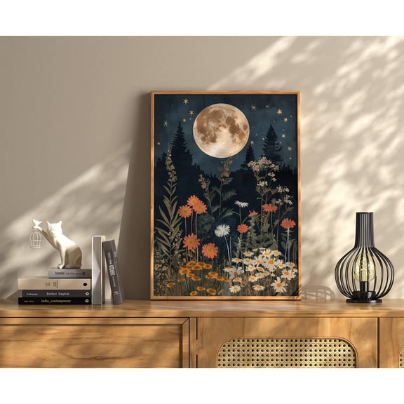 Moon And Flowers Print, Forest Prints, Floral Moon Wall Art, Vintage Moon Print, Wildflowers Moon, Cottagecore Print, Vintage Nature Print Poster Unframed