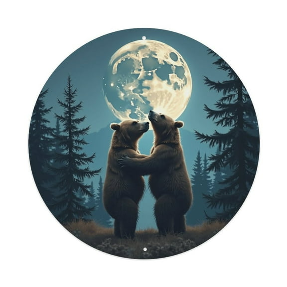 Moon Forest Bears Vintage Round Metal Tin Sign Nostalgic Metal Sign Home Decor for Bar Garden Kitchen Restaurant Garage 8x8 Inch