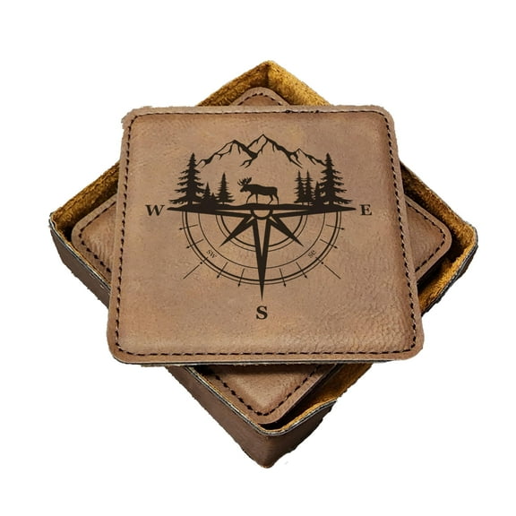 Moon Forest Moose Compass - Handmade Coasters Set of 6 - Engraved Barware Decorations - Leather Bar Decor - Man Cave Father's Day Present