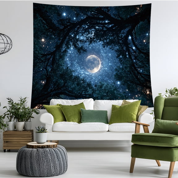 Moon Forest Tapestry Wall Hanging, Celestial Starry Night Sky Galaxy Tapestry, Dark Blue Nature Wall Art for Bedroom, Living Room, Dorm Room Decor