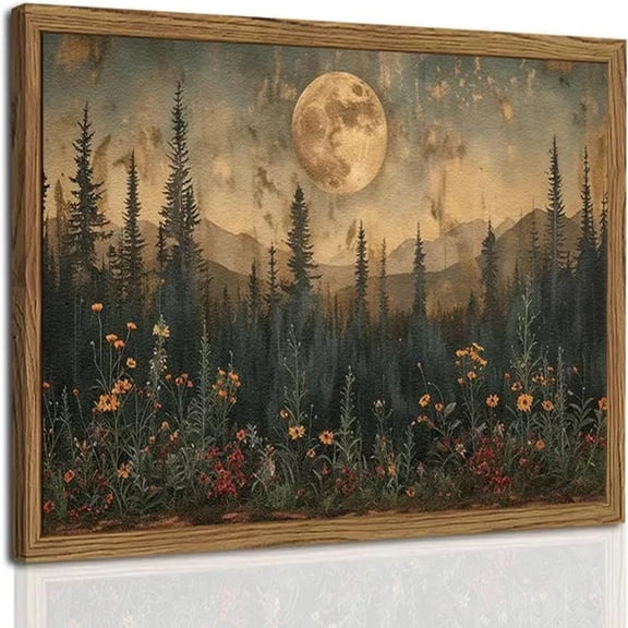Moon Forest Wall Art, 3D Textured Nature Landscape Wall Decor Paintings, Hand Drawn Sandstone Woodland Wildflower Picture Prints Artwork for Bedroom Living Room Wood Framed