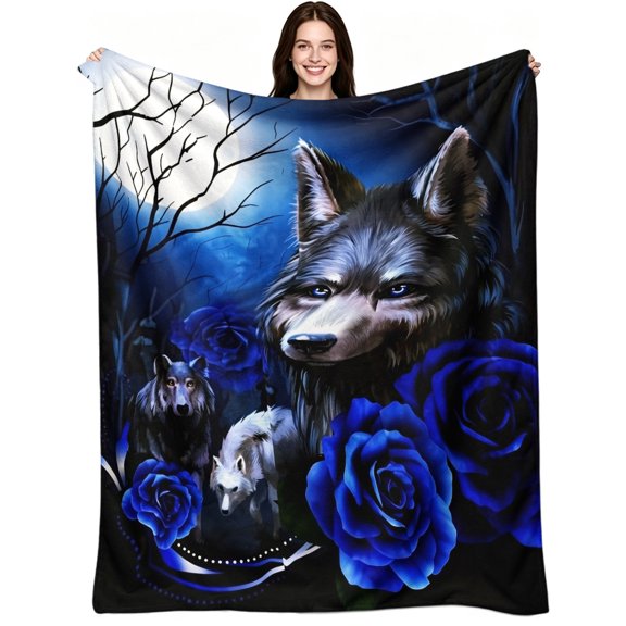 Moon Forest Wild Wolves with Blue Roses Pattern, Soft Warm Flannel Fleece, Aesthetic Gothic Fantasy, Throw Blanket, Cozy Warm, Home Decor, Couch Sofa Bed