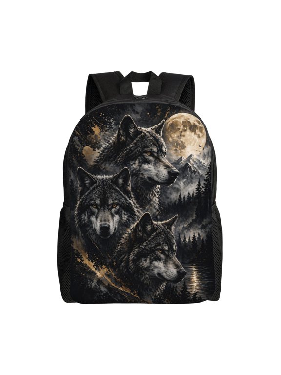 Moon Forest Wolf Backpack Full Front Print Travel Laptop Bag for Men and Women