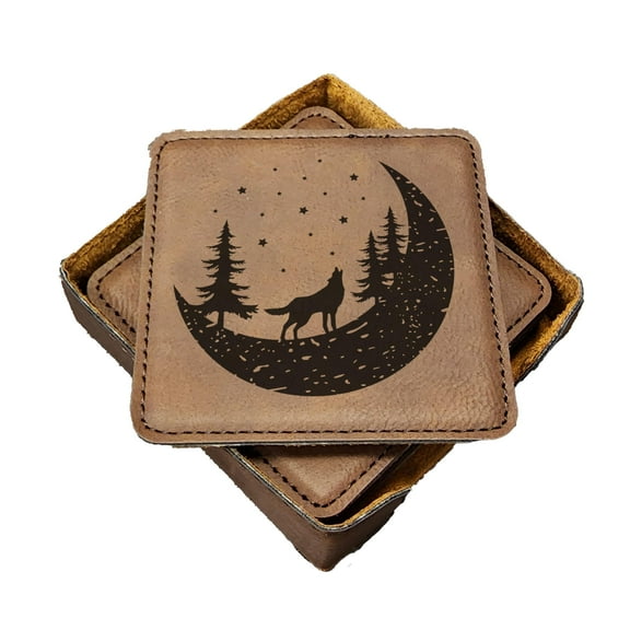 Moon Forest Wolf - Handmade Coasters Set of 6 - Engraved Barware Decorations - Leather Bar Decor - Man Cave Father's Day Present