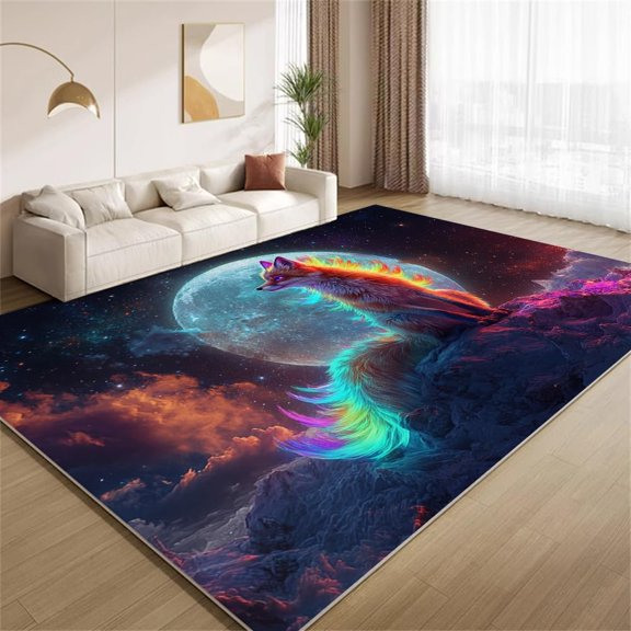 Moon Fox Area Rugs, Fantasy Animal Pattern Carpet, Washable Non Slip Low Pile Soft Rug for Living Room Bedroom Decor Mat 2ftx3ft