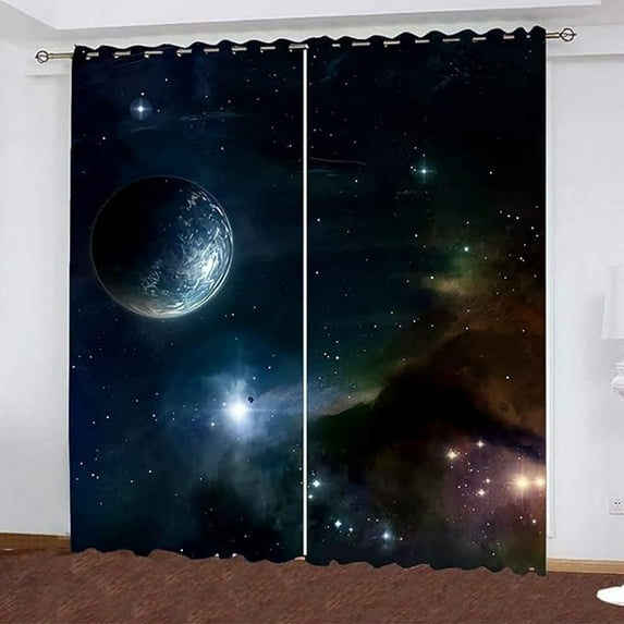 Moon Galaxy Star Blackout Curtains, 3D Planet Print Window Curtains, Thermal Insulated Darkening Grommet Drapes Set For Living Room Bedroom Kitchen Decor 53"W x 96"L (Pack of 2)