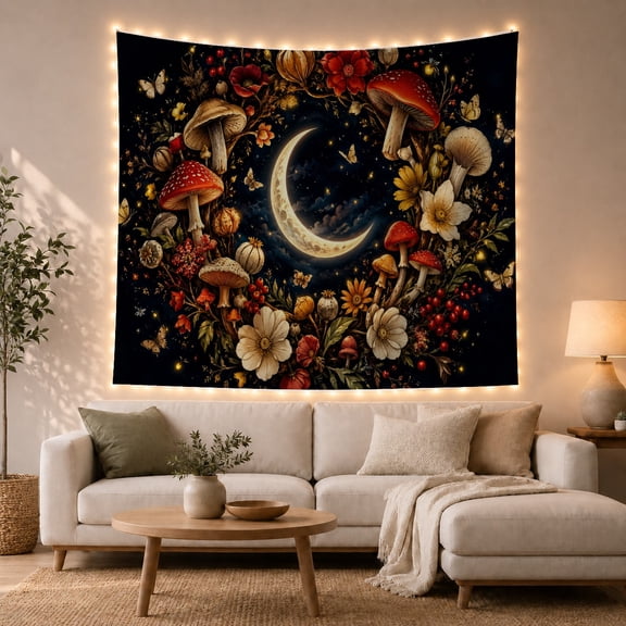 Moon Garden in Enchanted Night Mystical Vintage for Nature Lovers Botanical Wall Art Housewarming Gift Tapestry Wall Hanging for Bedroom, Living Room and Dorm