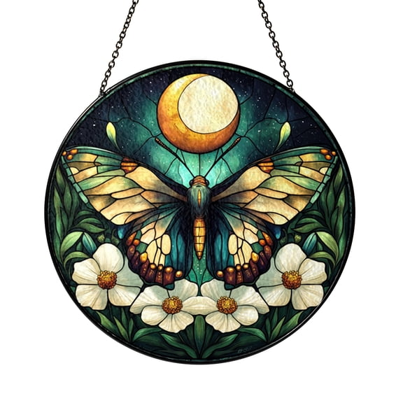 Moon Garden Luna Moth Stained Glass Window Hanging, Celestial Nature Art Decor Accent for Home
