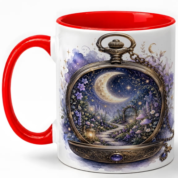 Moon Garden Pocket Watch Coffee Mug, Magical Night Floral Fantasy Design, 11 oz Ceramic Cup