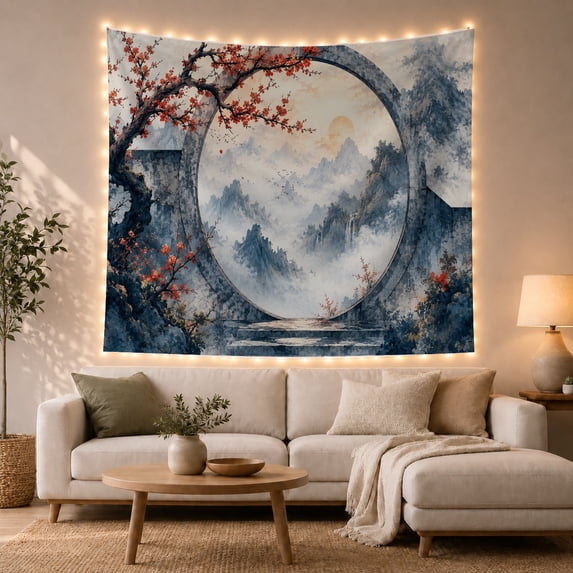 Moon Gate Between Indigo Cliffs With Stepping Stones, Serene Digital Art for Nature Lovers, Portal Scene Decor, New Home Gift, Tapestry Wall Hanging for Bedroom and Studio