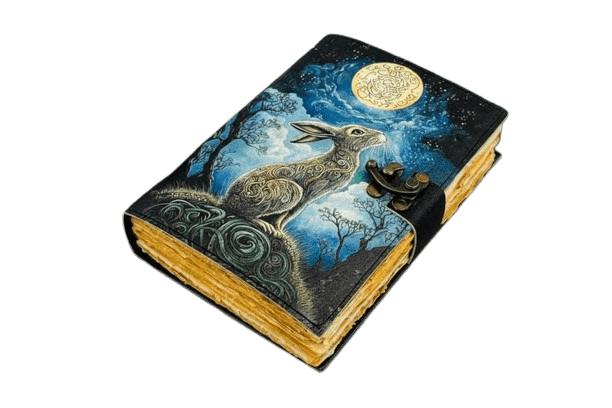 Moon Gazing Handmade Leather Journal with Moonlit Rabbit Artwork – 5x7 Inch Vintage Deckle Paper Notebook, 200 Pages