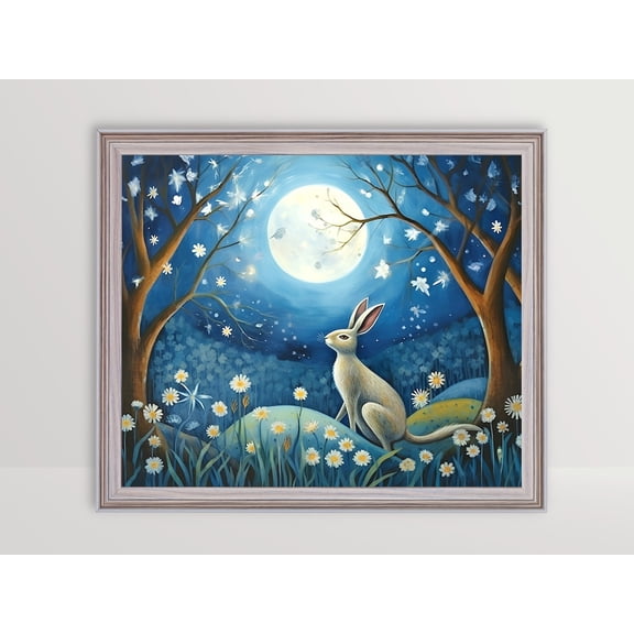 Moon Gazing Hare • Fairytale Art • Woodland Art • Fairycore • Blue Wall Art Print • Moonlit Forest • Fairy tale decor Poster, Unframed Poster Size 8x12