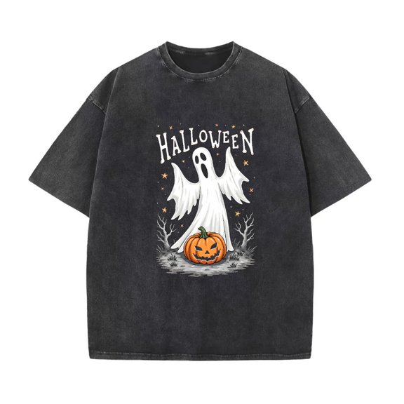 Moon Ghosts Carved Pumpkin Collection T Shirt Washed Vintage Graphic Tees Comfort Tops Black S-2XL Plus Size