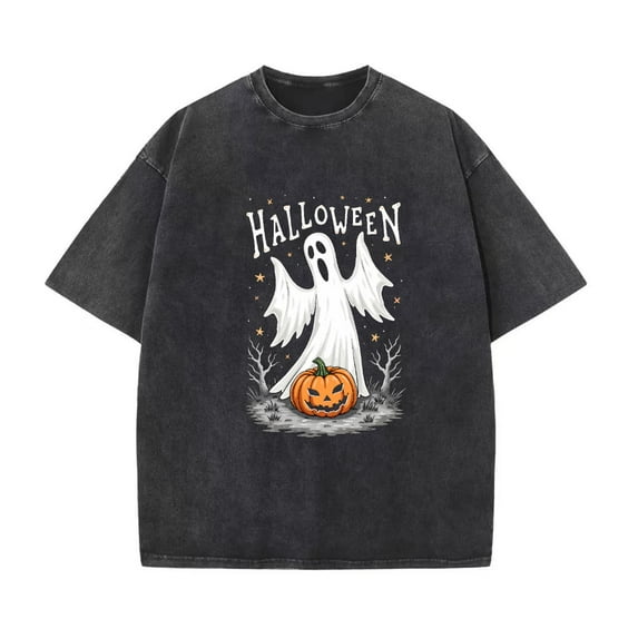 Washed Moon Ghosts Carved Pumpkin Collection T Shirt Vintage Graphic Tees Trendy Tops Black S-2XL Plus Size