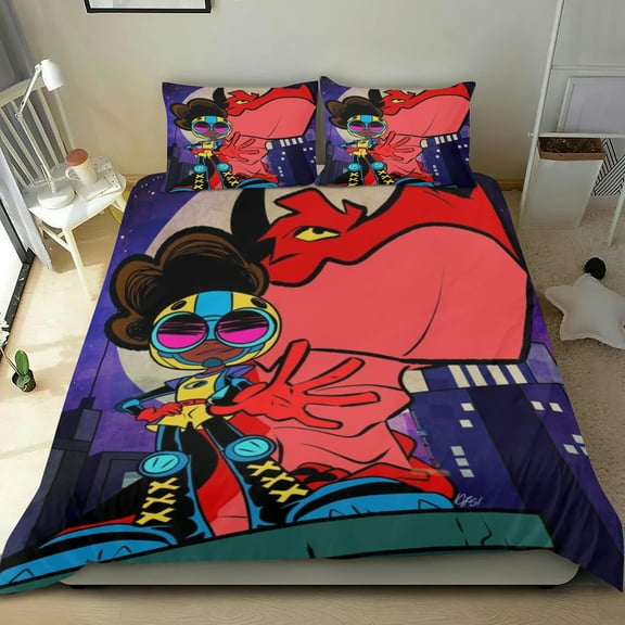 Moon Girl and Devil Dinosaur Themed Bed Sheet Set Three Piece Set 53x79 In ches Comfortable And Skin Friendly Unique Design Creating A Star Studded Night Home Decor Gifts For Family Friends fans