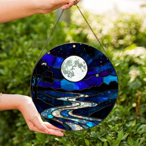 Moon Glass Suncatcher, Night Landscape Window Hanging, Celestial River Glass Art Decor, Handmade Scenic Ornament, Suncatcher Window Hanging, 3.5 in