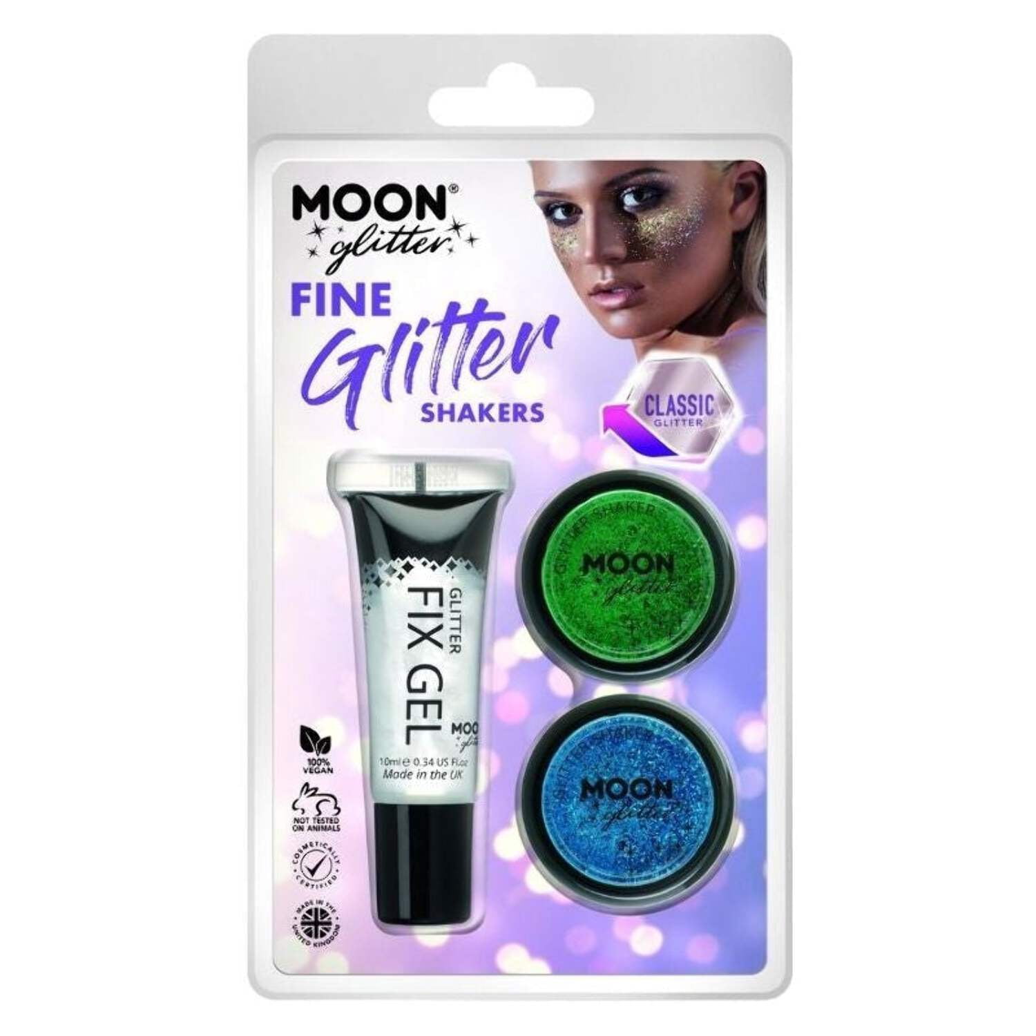 Moon Glitter Classic Fine Shakers Clamshell, 5g - Fix Gel. 3 Colour Set Costume Make Up Moon Glitter Classic Fine Shakers Clamshell, 5g - Fix Gel. 3 Colour Set Costume Make Up