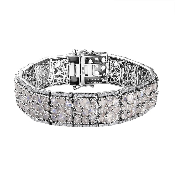 Moon Glow Moonstone White Zircon Silver Stars Bracelet Size 7.25" Ct 23.78