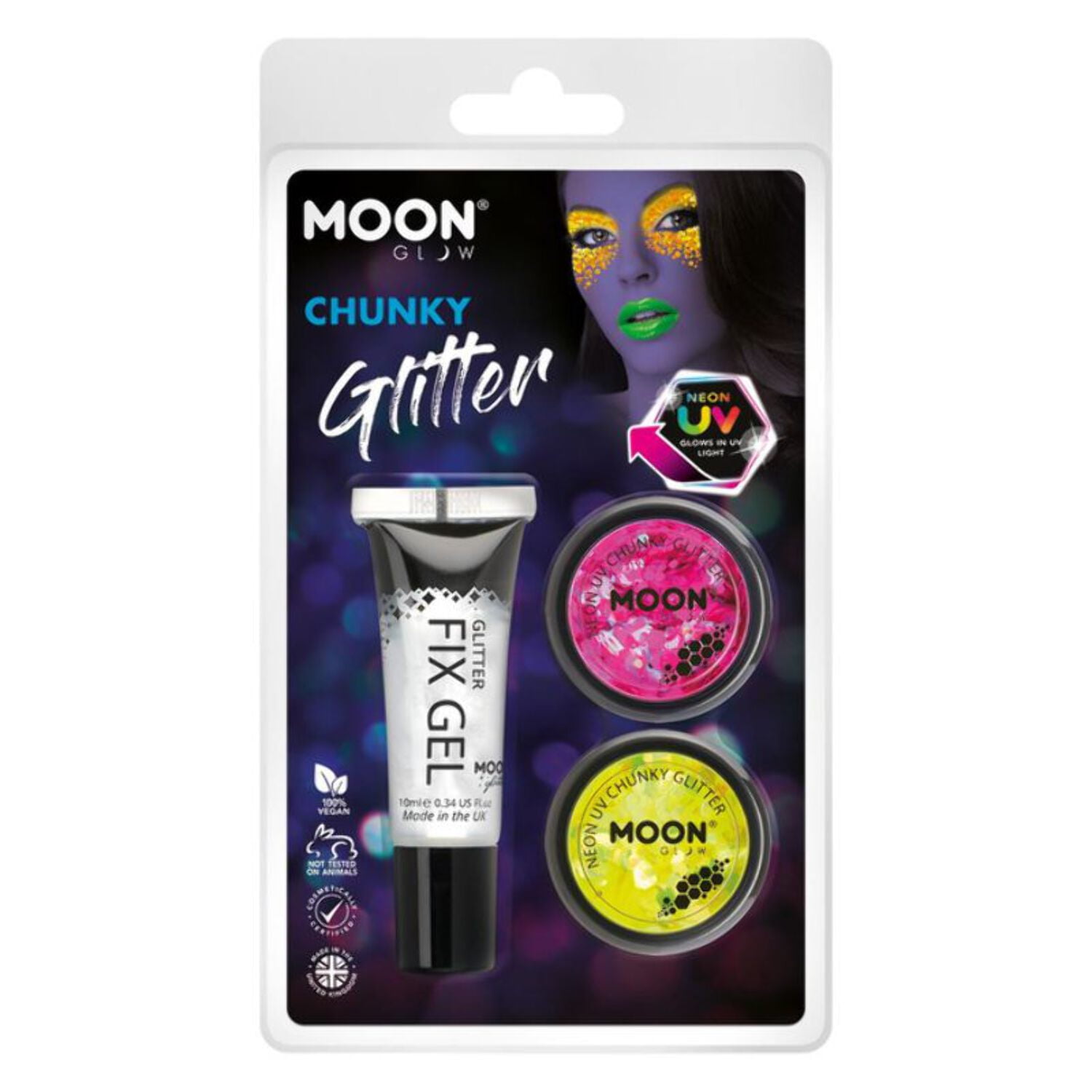 Moon Glitter Classic Fine Shakers Clamshell, 5g - Fix Gel. 3 Colour Set Costume Make Up Moon Glitter Classic Fine Shakers Clamshell, 5g - Fix Gel. 3 Colour Set Costume Make Up