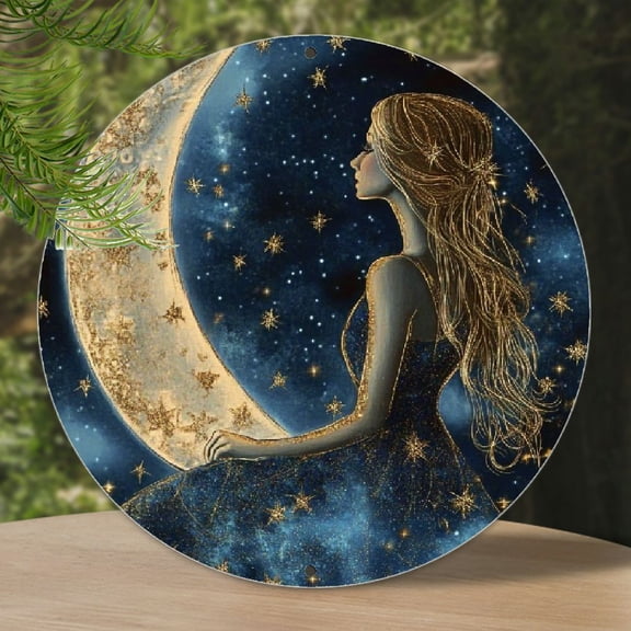 Moon Goddess 8x8" Aluminum Wall Art - Weatherproof, Multipurpose Decorative Plaque for Home, Office, Bar & Parties, Solar & Lunar Themed, Round Metal Sign, Kitchen