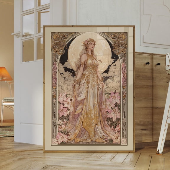 Moon Goddess Art Nouveau Print: Selene Lunar Deity, Boho Decor #2720, Stretched Canvas Size 16x24