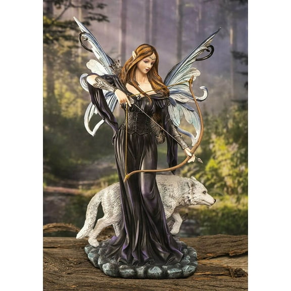 Moon Goddess Artemis Fairy with White Snow Wolf Drawing Bow and Arrow Statue