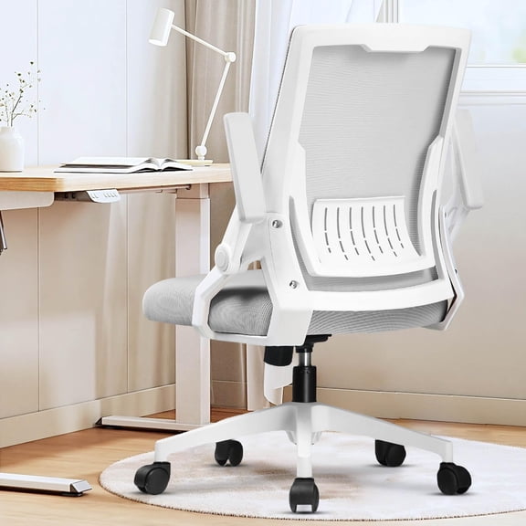 Moon-Gray Ergonomic Office Chair With Flip-Up Armrests, Breathable Mesh Back, Lumbar Support, Swivel Base