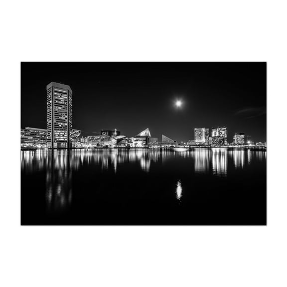 Moon Over the Harbor B&W - Baltimore Maryland Photography Black and White Skyline Night Sky City Architecture Harbor Moon Unframed Wall Art Print 40 x 60 inches