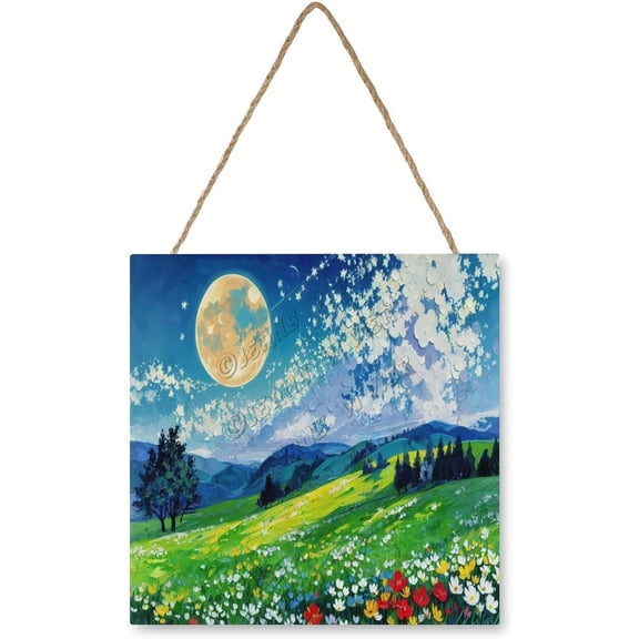 Moon Hill Flower Cloud Decorative Wood Hanging Wood Plaque, Rustic Door Sign, Wall Decor Art, Housewarming Gift 12x12 inches