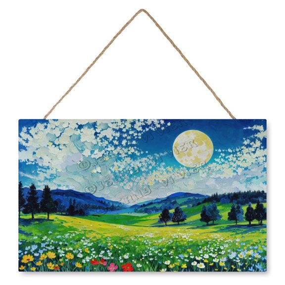 Moon Hill Flower Cloud Hanging Wood Sign Home Decorative, Rustic Farmhouse Wooden Wall Signs, Nature Wall Decor, Housewarming Gift 10x16 IN