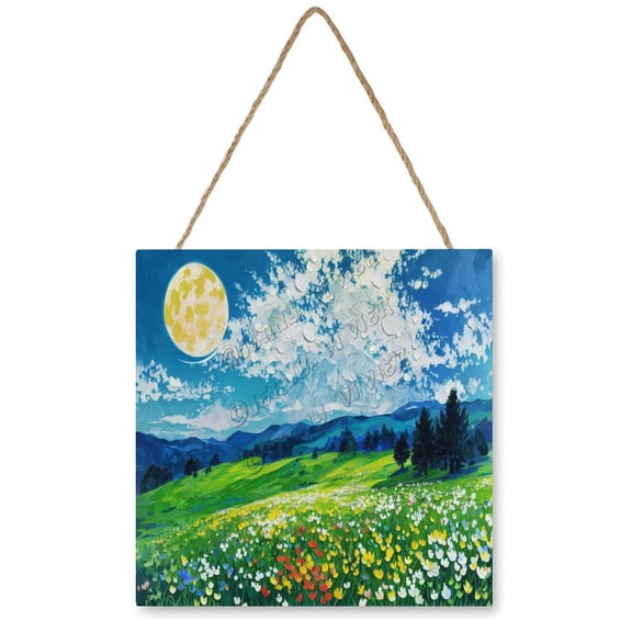 Moon Hill Flower Cloud Home Signs Decor, Hanging Wood Sign Home Dcor, Funny Wood Wall Dcor Plaque, Nature Wall Decor, Housewarming Gift 12x12 inches