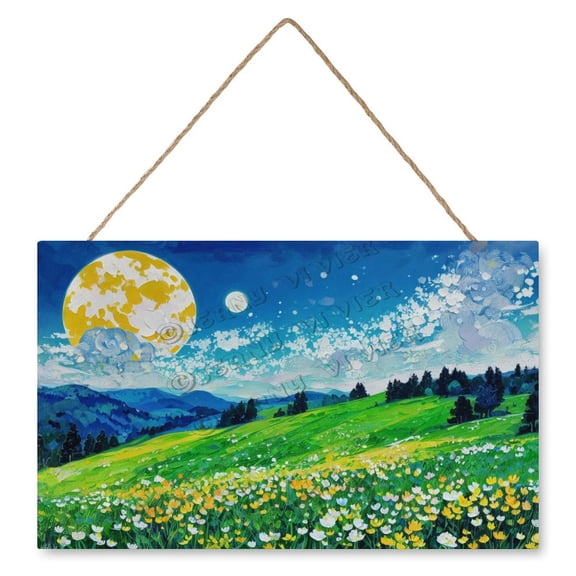 Moon Hill Flower Cloud Rustic Wood Hanging Sign Farmhouse Hanging Plaque, Nature Wall Decor, Housewarming Gift 10x16 IN