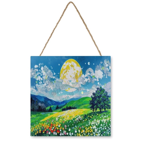 Moon Hill Flower Cloud Wood Wall Art Nature Wall Decor Wall Hanging and Tabletop Display,Perfect for Rustic Home & Office Decor 12x12 inches