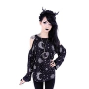 Moon Hippie Crescent Oversized Cold Shoulders Shirt, Black, Large