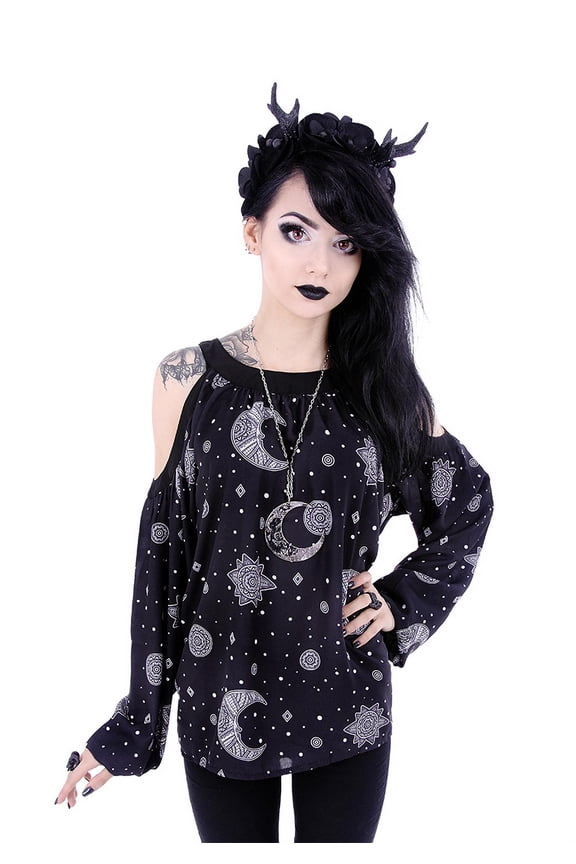 Moon Hippie Crescent Oversized Cold Shoulders Shirt, Black, XL